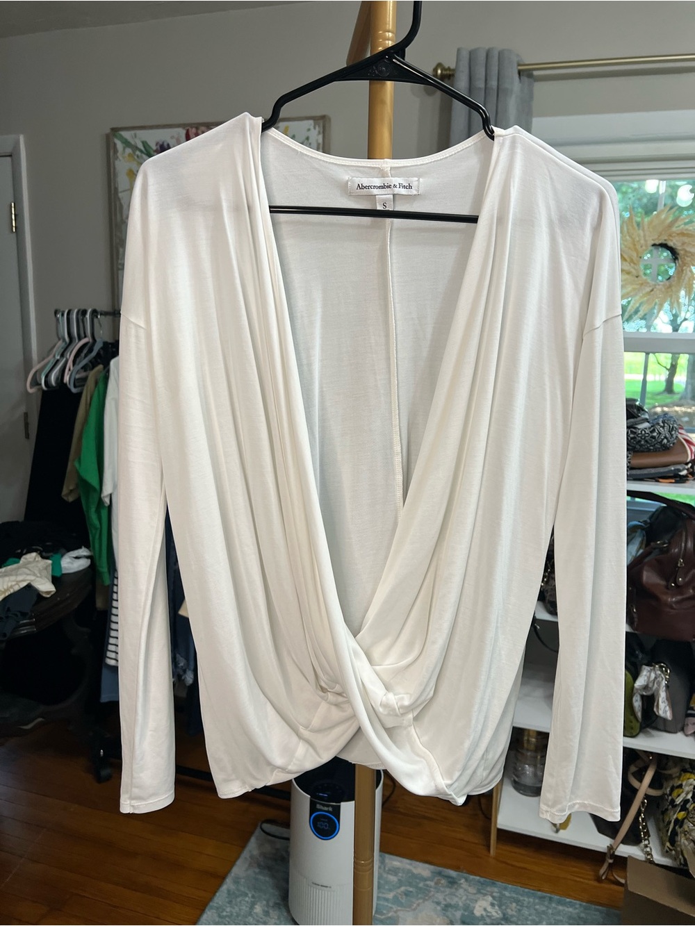 Abercrombie & Fitch Cream Twist-Front Draped Long Sleeve Top